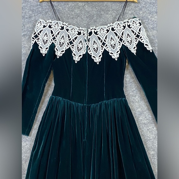Jessica McClintok Vintage Velvet Lace‎ and Beaded Dress 4 Green 80’s Petticoat - Picture 9 of 12